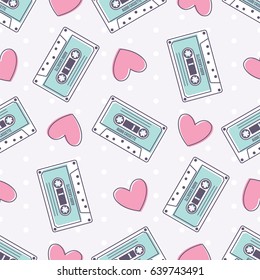 Retro Audio Cassette and Hearts on White Background with Dots Vector Seamless Pattern