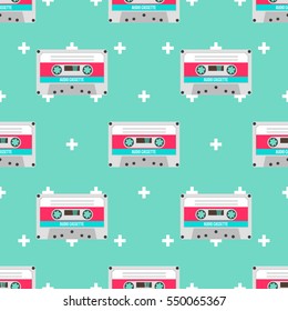 Retro Audio Cassette on Bright Blue Background with Crosses Vector Seamless Pattern