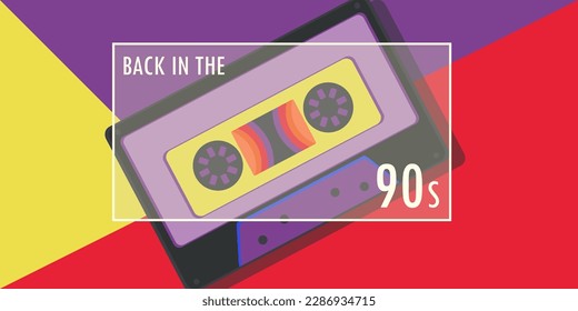 Retro audio cassette on a colored background. Back to the 90s concept.