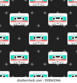 Retro Audio Cassette on Dark Background with Crosses Vector Seamless Pattern