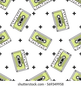 Retro Audio Cassette on White Background with Crosses Vector Seamless Pattern