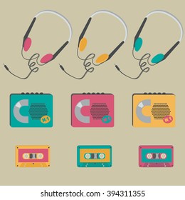 Retro audio cassette players, tapes, headphones