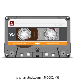 Retro audio cassette. Realistic vector cassette on a white background.