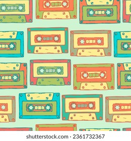 Retro audio cassette seamless pattern. 80s, 70s, 60s music sound tape, hand drawn vector colorful background
