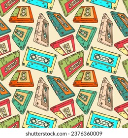 Retro audio cassette seamless pattern. 80s, 70s, 60s music sound tape, hand drawn vector colorful background