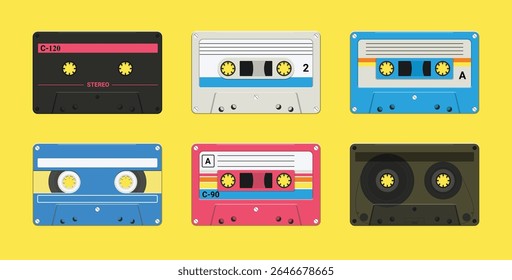 Conjunto de fitas de áudio retro. Mixtape vintage dos anos 80 e 90, fita cassete estéreo. Fita de áudio pop e rock da velha escola. Conjunto de ilustrações vetoriais.