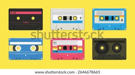 Retro audio cassette set. Vintage 80s and 90s mixtape, stereo tape cassette. Old school pop and rock audio tape. Vector illustration set.