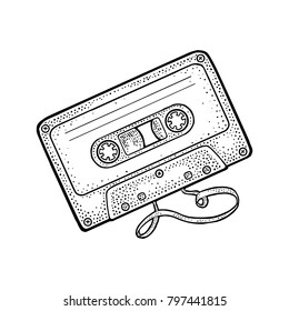 Retro audio cassette with tangled tape. Vintage vector black engraving illustration for poster, web. Isolated on white background. Hand drawn design element