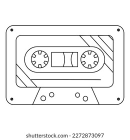 Retro audio cassette tape, doodle style flat vector outline for coloring book