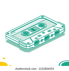 Retro Audio Cassette Tape. Isometric Outline Music Concept. Retro Device from 80s and 90s Isolated on White. Vector Illustration.