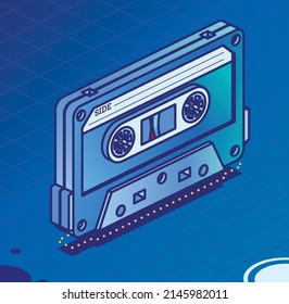 Retro Audio Cassette Tape. Isometric Outline Music Concept. Retro Device from 80s and 90s on Blue. Vector Illustration.
