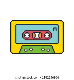 Retro audio cassette tape pixel art style vector icon on white background.