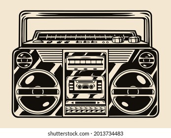 Retro audio cassette tape recorder in vintage monochrome style isolated vector illustration