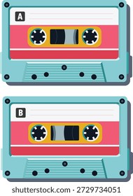 Retro Audio Cassette Tape Vector Illustration. Vintage 80s and 90s Music Analog Record. Flat Design Isolated Cassettes with Side A and Side B.