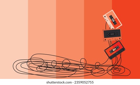 Retro audio cassette tapes  with strip tape flat design vector illustration. 1990 style. suitable for background. isolated on red background and have blank space. empty space background. SHOTLIST1990