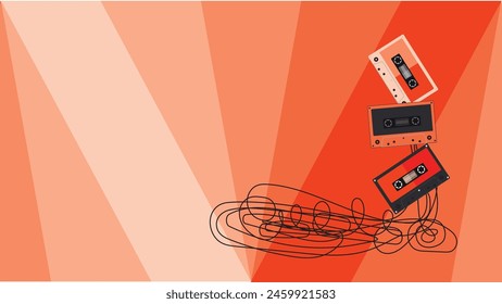 Retro audio cassette tapes  with strip tape flat design vector illustration. 1990 style. suitable for background. isolated on red background and have blank space. empty space background