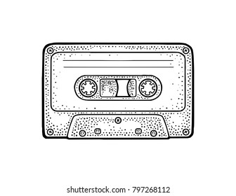 Retro audio cassette. Vintage vector black engraving illustration for poster, web. Isolated on white background. Hand drawn design element