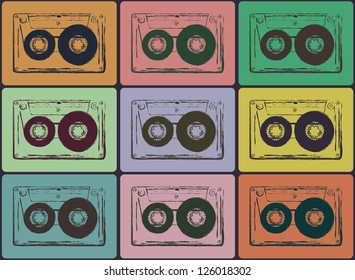 Retro audio cassettes background. Vector image.