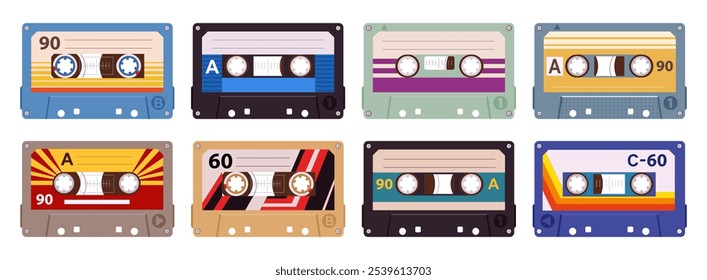 Casetes de audio retro. Casetes de cinta estéreo de dibujos animados de los años 80, discos de cinta vintage, conjunto de Ilustración vectorial plana de casete de audio de música de los años 90. Cintas analógicas de la vieja escuela