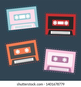 Retro audio cassettes dash line frame stickers set. 80s, 90s color compact tapes. Nostalgic, vintage flat illustrations. Music listening, record, play cartoon stitched patches pack 