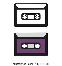 Retro audio cassettes flat icons set. 80s, 90s black and purple compact tapes pack. Nostalgic, vintage isolated vector illustration. Music listening, record, play color symbol