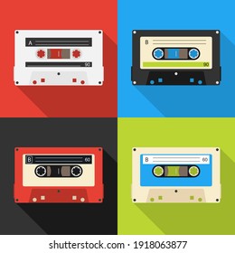 Retro audio cassettes. Set of vintage audio cassettes with long shadow. Vector illustration. Vector.