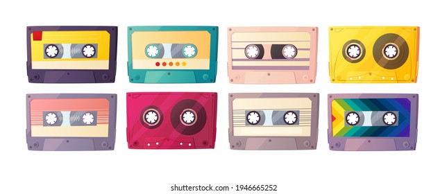 Retro audio cassettes set. Vintage tapes of the nineties. Cartoon vector illustration isolated on white background. 