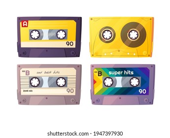 Retro audio cassettes set. Vintage tapes of the nineties. Cartoon vector illustration isolated on white background. 