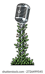 Retro audio equipment stand wrapped in foliage symbolizing nature and vocal expression