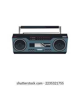 Retro audio magnetic recorder cartoon illustration. Cartoon drawing of vintage blue boombox isolated on white background. Media, radio, entertainment concept