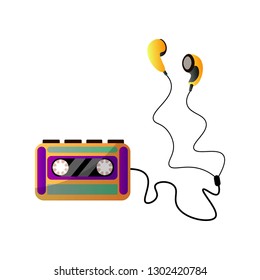 Retro Audio Music Cassette Tape Player and Ear Buds Vector Illustration