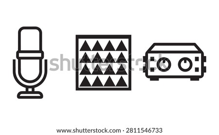A retro audio and music equipment icon set in clean black and white outline style, featuring microphones, acoustic guitars, cassette tapes, and vintage music symbols. Perfect for music brand design, recording studio illustration, retro music blog content, vintage band stationery, and music-themed graphic projects.