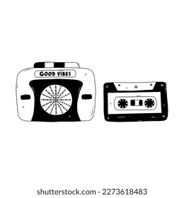 Retro audio player with cassette from 90s. Music player for youth, small portable compact device with headphone jack, running on batteries. Black and white vector isolated illustration hand drawn