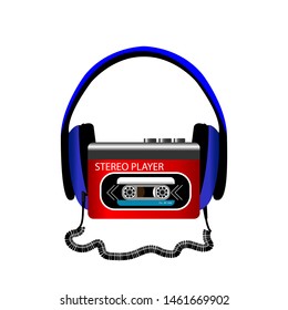 Retro audio player with headphones on white background. Vector illustration.