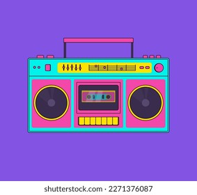 Retro audio player in memphis style. Tape recorder, cassette vector illustration. Music box. Nostalgia for 90s.