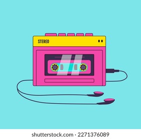 Retro audio player in memphis style. Tape recorder, cassette vector illustration. Nostalgia for 90s.