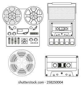 Retro audio set: Retro Cassette Tape player and audio tape recorder. Vector Illustration isolated  on white background.