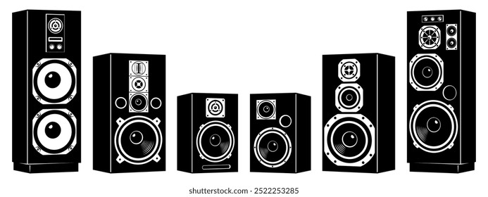 Altavoces de audio retro Siluetas. Clipart de Vector aislados en blanco.