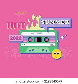 Retro audio tape cassette with speech bubbles and text HOT SUMMER. Y2K style pink retro vector design. Editable stroke. 90s inspired graphic.