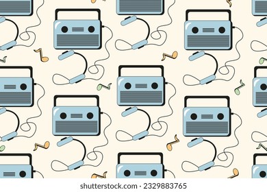 Grabador de cinta de audio retro y nota un patrón sin inconvenientes. Ornamento sin fin con receptor de vintage aislado en el fondo de la luz. Papel mural de los años 70 de los años 90 de los retro Vibes. Ilustración vectorial.
