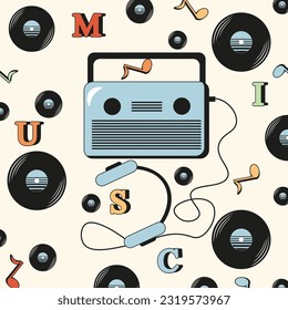 Retro Audio Tape Recorder with Vinyl Records pattern and letters. Vintage Receiver isolated on light background. Retro Vibes 70s 80s 90s. Vector illustration.