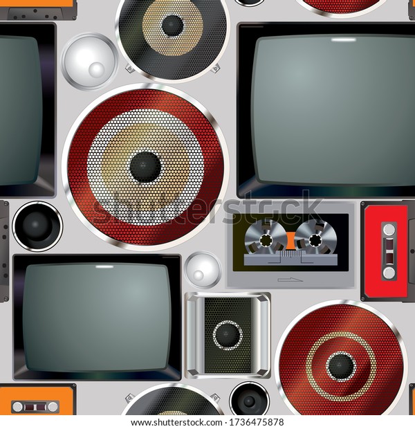 Retro audio-video equipment. Seamless pattern\
of vintage equipment televisions and cassette recorders. Analog\
media technology of the past. Collection of vintage equipment a TV\
and cassette recorders