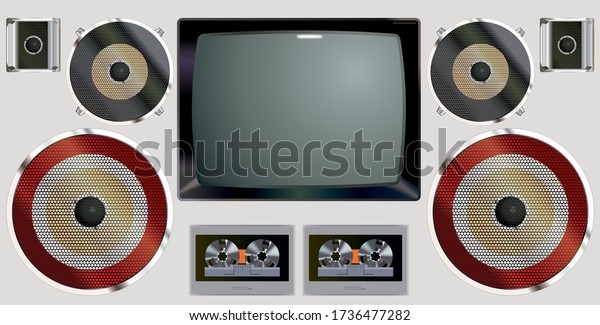 Retro\
audio-video equipment. Vintage equipment televisions and cassette\
recorders. Analog media technology of the past. Collection of\
vintage equipment a TV and cassette\
recorders