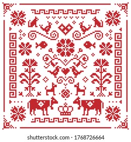 Retro Austrian and German cross-stitch vector floral pattern, symmetric emrboidery tile design with birds, dogs, cows, hearts and flowers. Red traditional floral background with animals