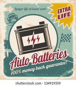 Retro Auto Batterien Plakatdesign. Vintage-Hintergrund für Autoservice oder Ersatzteilgeschäft.