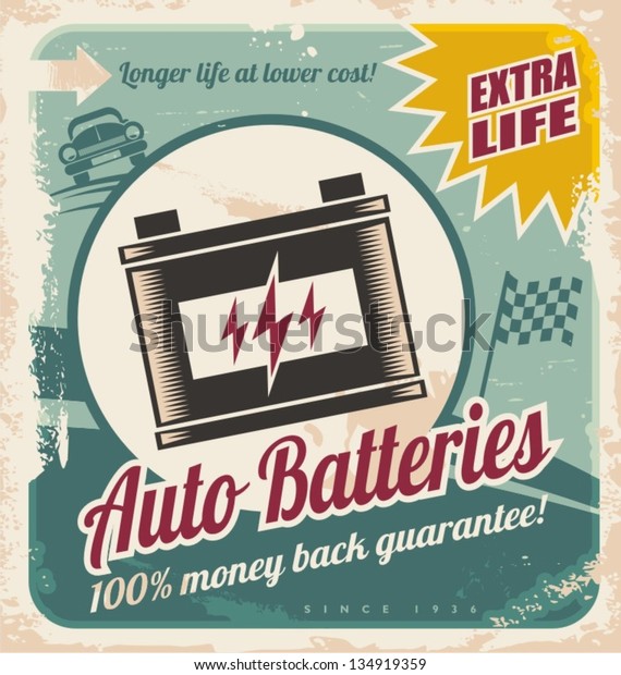 Retro auto batteries poster design. Vintage\
background for car service or parts\
shop.