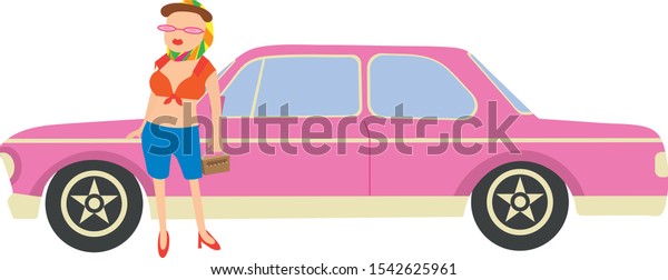 Retro auto girl. Illustration. Can be used for\
website design, textiles, advertising, scrapbooking and booklets.\
Print for clothes.\
Vector.