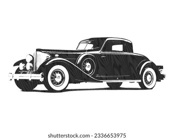 Retro automobile hand drawn engraving style. Black stroke machine on white background. Vector illustartion.