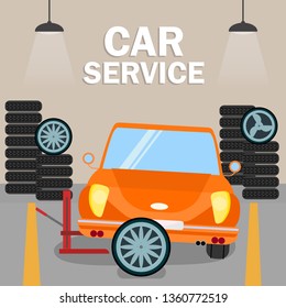 Retro Automobile Renewal Flat Banner Template. Tyre Fitting Company Typography. Repair Garage, Station Interior with Vehicle Lifting Jack Equipment, Wheels. Spare Parts, Casing Replacement