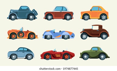 Retro automobiles. Urban racing transportation vintage style vehicles garish vector colored pictures isolated on white